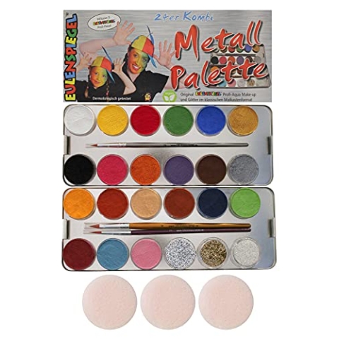 EULENSPIEGEL Schminkpalette 21 Farben 3 Glitzer 27 Teile Metalletui