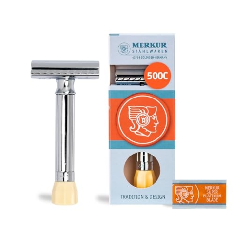 MERKUR Einstellbarer Rasierhobel 500C | Klassiker Glanzchrom | Zweiteiliger Rasierer mit geradem Schnitt | Ideal für Nassrasur | Zinkdruckguss | Messing Griffstück | Made in Germany