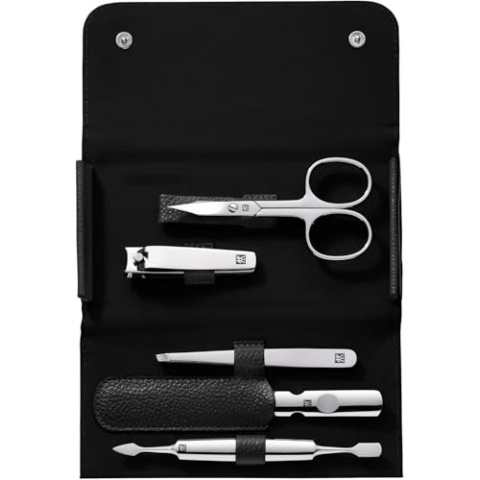 ZWILLING Maniküreset (5 Teilig, Pediküreset in Reisegröße, mit Nagelknipser, Echt Leder Etui), Edelstahl Poliert, Schwarz