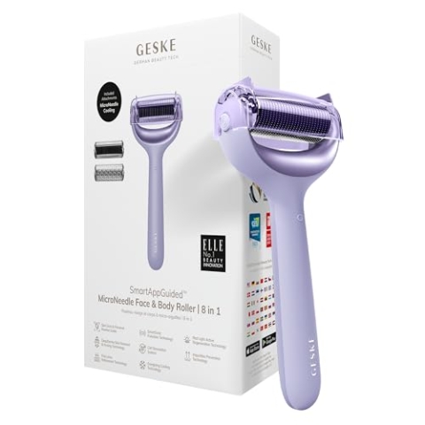GESKE | SmartAppGuided™ MicroNeedle Face & Body Roller | 8 in 1 | Derma Roller | Elektrisches Microneedling | Nadelroller | Needleroller | Beauty Roller für Gesicht und Körper | kühlender Aufsatz