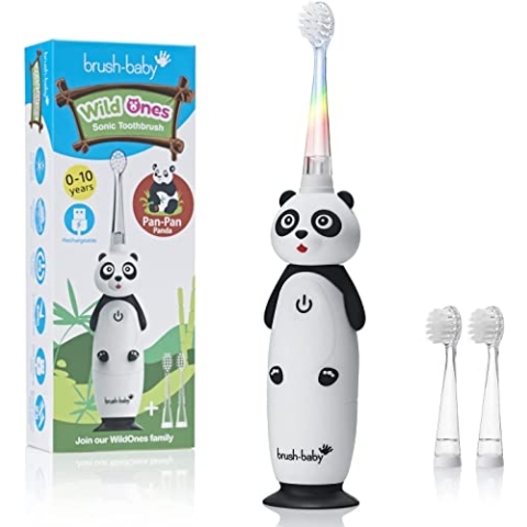 Brush-Baby WildOnes Kinder Elektrische Wiederaufladbare Zahnbürste, 1 Griff, 3 Bürstenköpfe, USB-Ladekabel, für Alter 0-10 (Panda)