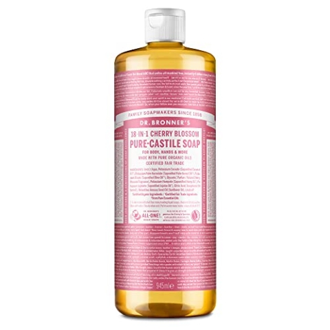 Dr. Bronner's Cherry Blossom Pure Castile Flüssigseife, hergestellt mit gentechnikfreien Inhaltsstoffen, verwendet für Gesicht, Körper, Haare, Wäsche, Haustiere und Geschirr, zertifiziert fair gehandelt und veganfreundlich, 945 ml recycelte Flasche