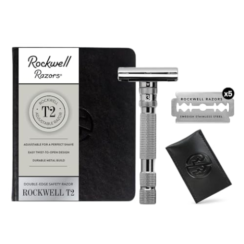Rockwell T2 | Twist-To-Open (TTO) Doppelschneidiger Sicherheitsrasierer | Vollmetall | inklusive 5 vollständig recycelbaren Edelstahlklingen (Gunmetal Chrom)