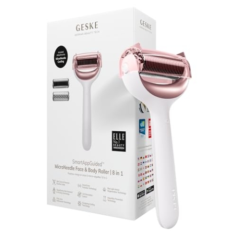 GESKE | SmartAppGuided™ MicroNeedle Face & Body Roller | 8 in 1 | Derma Roller | Elektrisches Microneedling | Nadelroller | Needleroller | Beauty Roller für Gesicht und Körper | kühlender Aufsatz