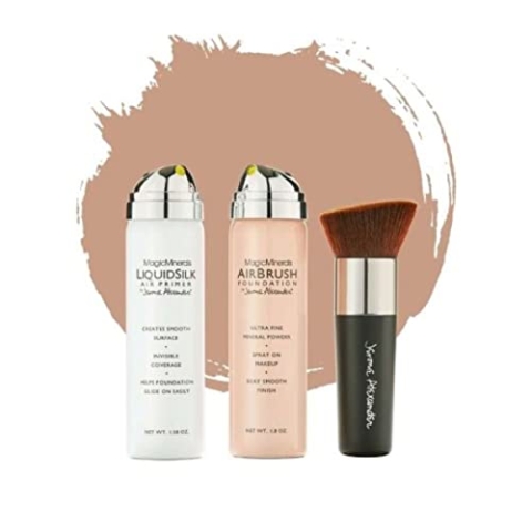 Jerome Alexander MagicMinerals AirBrush Foundation Make up Set - 3 Stück - Foundation + Fixier Spray + gratis Pinsel – Integriertes Make-up mit Hautpflege feuchtigkeitsspendend (Warm/Medium)