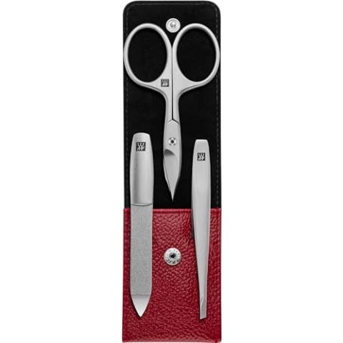 ZWILLING Maniküreset (3 Teilig, Nagelpflege und Pediküre, Echt Leder Etui, Präzise, mit Kombi-Nagelschere), Premium, Rot
