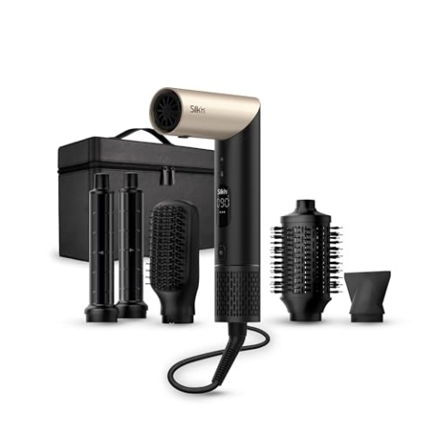 Silk’n Multistyler mit flexiblem Kopf - Haartrockner mit Bürste und Glätteisen – SilkyAir Flex Curly&Wave – All-in-One Haartrockner & Styler – 5in1 Zubehör inkl. Case – 1300W – Gold Schwarz