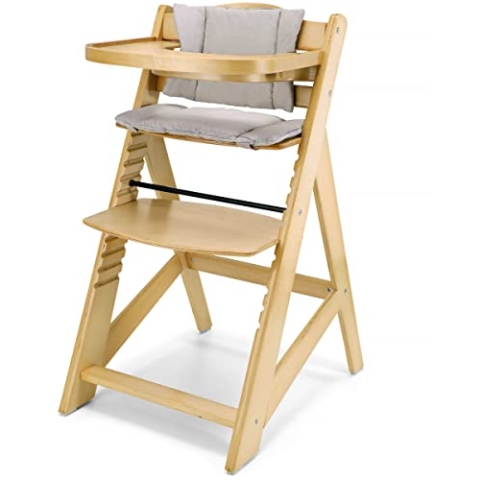 Moby-System Woody Kinderhochstuhl Holz - Mitwachsender Kinder Hochstuhl mit Essbrett, Kissen & 3-Punkt-Gurt - Höhenverstellbar ab 6 Monaten bis 15 kg - Massivholz Erle