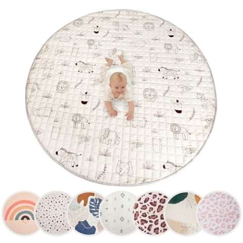 Gesteppte Krabbeldecke Baby 150cm, Safari Tiere– extra dicke 1,5cm weiche Baby Krabbelmatte – Baby Spielmatte mit rutschfester Unterseite zum Krabbeln, Laufgitter – maschinenwaschbare Baby Spieldecke