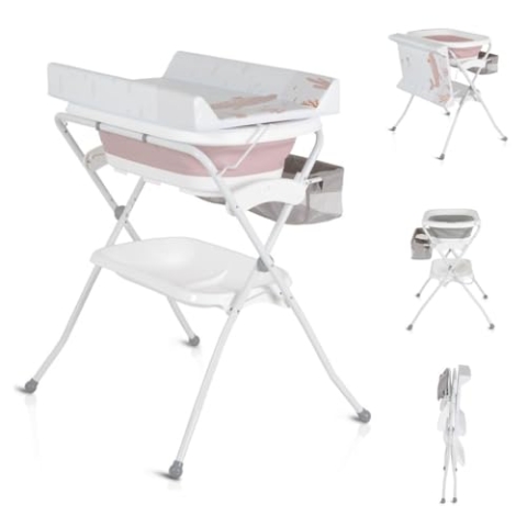 Cangaroo Babywanne Wickeltisch Como 2 in 1 faltbar, Wickelauflage, Zubehörfach, Farbe:rosa