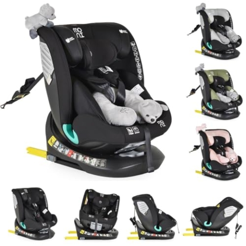 Moni Kindersitz Serengeti i-Size (40-150cm) Isofix, Kuscheltier, Nackenkissen, Farbe:schwarz