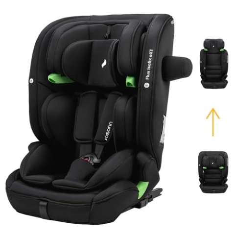Osann Flux Isofix eXT Kindersitz, i-Size von 76 bis 150 cm, mitwachsend, längere Verwendungsdauer des Gurtsystems bis 120 cm max. 23kg - All Black