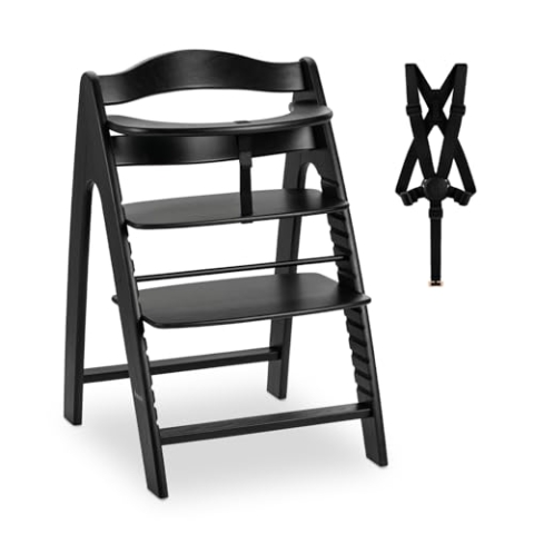 hauck Kinder Hochstuhl Arketa Buchenholz - Mitwachsender Holz Babystuhl (FSC® zertifiziert), Kinderhochstuhl ab 6 Monate, verstellbar, mit Schutzbügel, Schrittgurt und 5-Punkt-Gurt (Blackwashed)