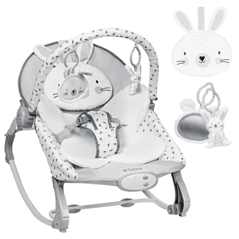 TULANO Cloe 35 | Babywippe 2 Modi | Schaukel & Liege | 8 Melodien | 3 Vibrationsstufen | Verstellbar | Spielbogen | EN 12790:2023 | Grau Kaninchen