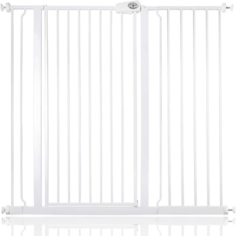 Bettacare Extra Hohes Sicherheitsgitter für Kinder und Hunde, 113.8cm - 121.4cm, Weiß, Extra Hohes Babygitter von 104cm Höhe, Druckmontage-Sicherheitsgitter für Treppen