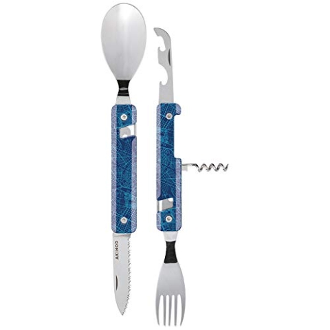 Akinod - Multifunktionales Besteck 13H25 Downtown Blau - Edelstahl Faltbesteck - Magnetisches Besteck To Go - Klappbares Besteckset mit Korkenzieher, Dosen- und Flaschenöffner