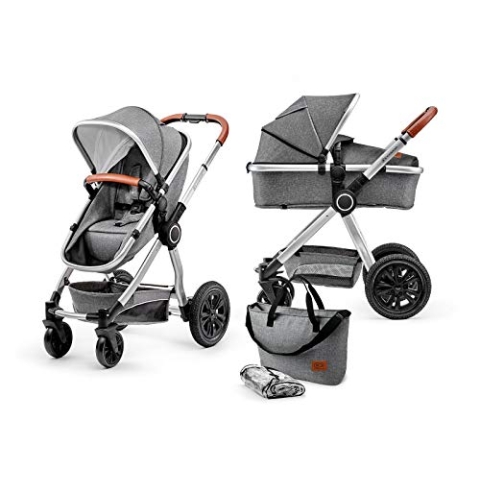 Kinderkraft Kinderwagen 2 in 1 VEO, Kinderwagenset, Kombikinderwagen, Sportwagen, Buggy und Tragewanne in Einem, Zubehör, Zweistufige Federung, Große Räder, Einfaches Zusammenklappen, Grau
