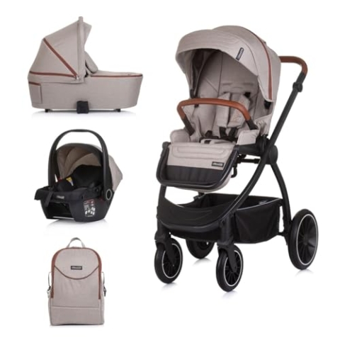 Chipolino Kombikinderwagen 3 in 1 Prestige Babywanne Rucksack i-Size Babyschale, Farbe:beige