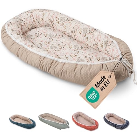 ULLENBOOM Babynest - 100% OEKO-TEX Materialien & Made in EU, Rosa Blüten - Babynestchen Neugeborene aus kuscheliger Baumwolle, Ideal als Reisebett & Kuschelnest geeignet
