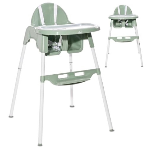 Lorelli Kinderstuhl Amaro, Hochstuhl für Babys, Kinderhochstuhl, sicherer und bequemer Babyhochstuhl, abnehmbarer Doppeltablett, 2-stufige Höhenverstellung, dunkelgrün