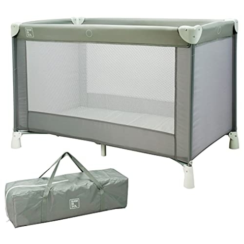 BAMBISOL – Kinderbett, Regenschirm, 120 x 60 cm, inklusive Matratze und Reisetasche (Grau/Grün)