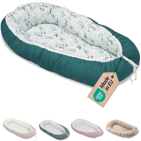 ULLENBOOM Babynest - 100% OEKO-TEX Materialien & Made in EU, Eukalyptus Petrol - Babynestchen Neugeborene aus kuscheliger Baumwolle, Ideal als Reisebett & Kuschelnest geeignet