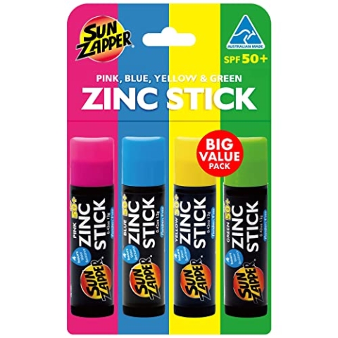 Sun Zapper Zinkoxid-Mineral-Sonnenschutzstift (Rosa, Blau, Grün, Gelb) SPF 50+ Wasserfest für Gesicht & Körper, Erwachsene, Kinder, 4er-Pack Breitspektrum-Farbsonnenschutz - Sonnencreme aus Australien