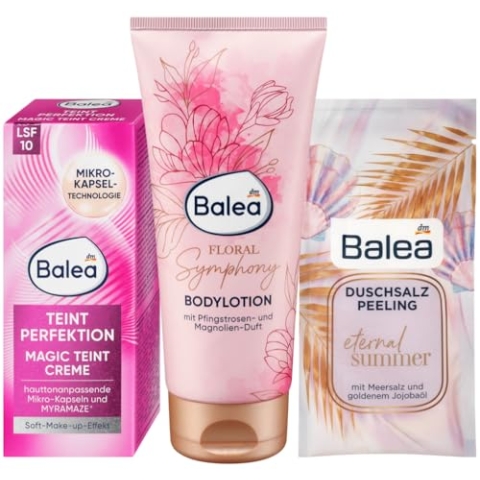 Balea 3er-Set Hautpflege: Teint Perfektion Magic Creme Soft-Make-up-Effekt LSF 10 (50 ml) + Bodylotion Floral Symphony Pfingstrose Magnolie (200 ml) + Duschsalzpeeling Eternal Summer (60 g), 250 ml