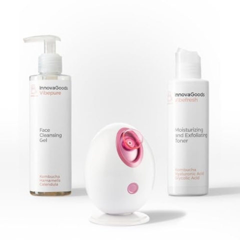 InnovaGoods® Kambucha Gesichtspflege-Set, 1 x elektrische Gesichtssauna, Nano-Dampfer, 1 x desensibilisierendes und feuchtigkeitsspendendes Reinigungsgel, 1 x Tonic, adstringierend, schützt und