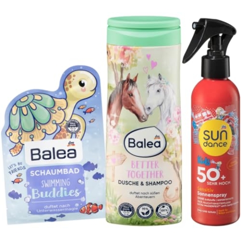 Balea x Sundance 3er-Set Kinder-Hautpflege: BETTER TOGETHER 2in1 Duschgel & Shampoo milde Reinigung (300 ml) + Schaumbad SWIMMING BUDDIES (40 ml) + SONNENSPRAY KIDS Sensitiv LSF 50+ (200 ml), 540 ml
