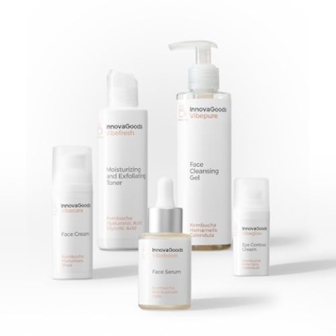 InnovaGoods® Skincare Set, 1 x Feuchtigkeitscreme, 1 x Augencreme, 1 x Gesichtsserum, 1 x Gesichtsreiniger, 1 x Gesichtswasser, 1 x Kombucha, natürliche Inhaltsstoffe, feuchtigkeitsspendend