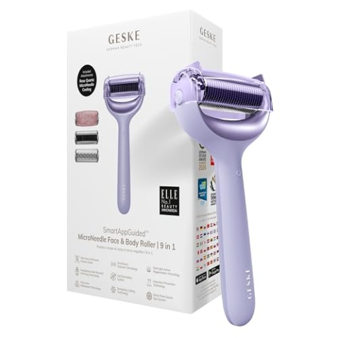 GESKE | SmartAppGuided™ MicroNeedle Face & Body Roller | 9 in 1 | Derma Roller | mit Rosenquartz- & Kühlaufsatz | Elektrisches Microneedling-Gerät | Nadelroller | Beauty Roller für Gesicht und Körper