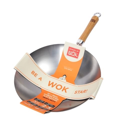 School of Wok - 30 cm robuster Wok aus Karbonstahl, flacher Boden, Bambusgriff