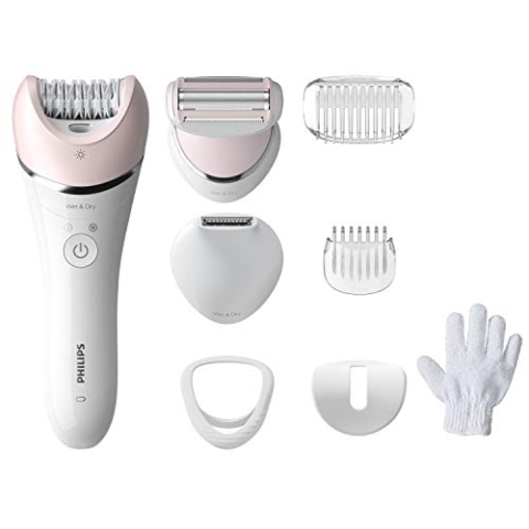Philips 8000 Series Nass- und Trockenepilierer BRE721/00, 8 Aufsätze, 32 Pinzetten, kabelloser Betrieb, 2 Geschwindigkeitsstufen, Opti-Light, Keramikscheiben, Silber