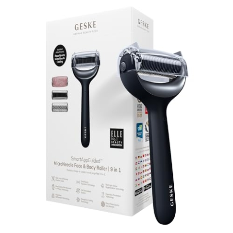 GESKE | SmartAppGuided™ MicroNeedle Face & Body Roller | 9 in 1 | Derma Roller | mit Rosenquartz- & Kühlaufsatz | Elektrisches Microneedling-Gerät | Nadelroller | Beauty Roller für Gesicht und Körper