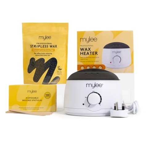 Mylee Professionelles Wachskit – Wachserhitzer, 500 g Hartwachsperlen, Spatel – Streifenfreies Wachs für Gesicht, Beine, Bikinizone, Brazilian und Körper (500g, Holzkohle & Grüner Tee)