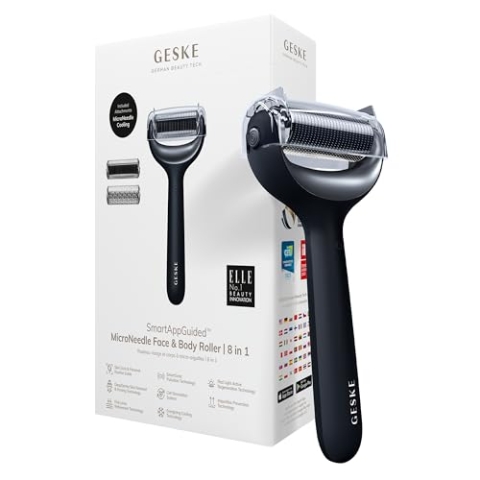 GESKE | SmartAppGuided™ MicroNeedle Face & Body Roller | 8 in 1 | Derma Roller | Elektrisches Microneedling | Nadelroller | Needleroller | Beauty Roller für Gesicht und Körper | kühlender Aufsatz