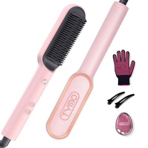 TYMO RING Glättbürste Haarglätter Bürste - Keramik Glätteisen und Haarbürste 2 in 1, Elektrische Verbrühungsschutz Glättungsbürste Kamm, 25s Schneller Aufheizen, 5 Temp Einstellungen, Rosa