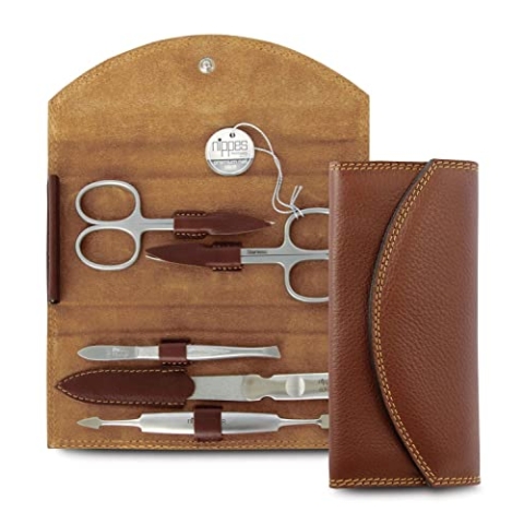 nippes Solingen Classic Premium-Maniküre Set, 5-teilig, Echtes Rindsleder-Nageletui, braun, Edelstahl nickel- & rostfrei, Nagelpflege Set, Made in Solingen/Germany