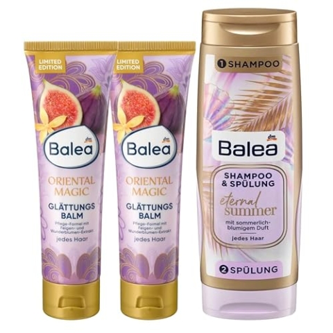 Balea 3er-Set Haarpflege: Glättungsbalm Oriental Magic intensive Pflege mit Feigen- und Wunderblumen-Extrakt ohne Silikone (2 x 100 ml) + Twinpack Eternal Summer Shampoo & Spülung (300 ml), 500 ml
