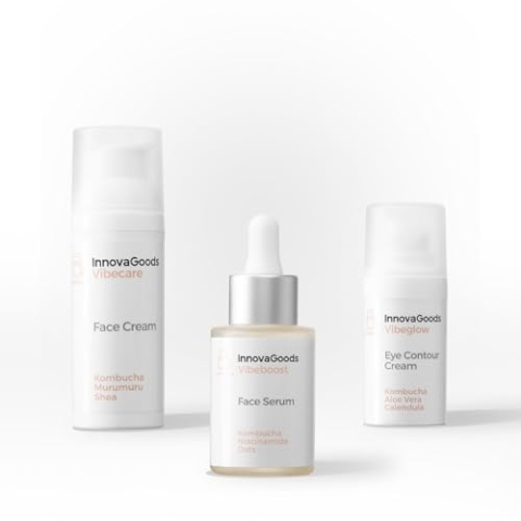 InnovaGoods® Kombucha Gesichtspflege-Set, 1 x Gesichtsserum, 1 x Augencreme, 1 x feuchtigkeitsspendende Gesichtscreme verbessert die Elastizität der Haut, nährt und macht sie weich, verleiht allen
