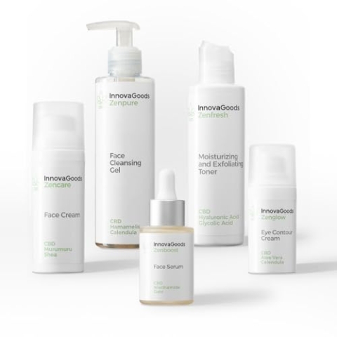 InnovaGoods® Skincare Set, 1 x Feuchtigkeitscreme, 1 x Augencreme, 1 x Gesichtsserum, 1 x Gesichtsreiniger, 1 x Gesichtsreiniger, 1 x Gesichtswasser, natürliche CBD-Inhaltsstoffe, spendet Feuchtigkeit