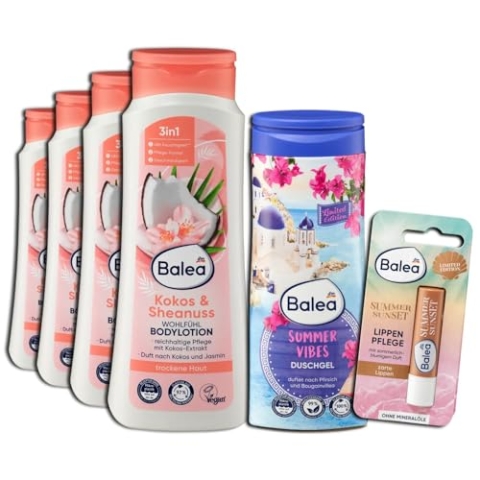 Balea 6er Set: für trockene Haut 4 x Wohlfühl Bodylotion Kokos & Sheanuss, 4 x 400 ml - 1 x Cremedusche, 300 ml - 1 x Lippenpflege