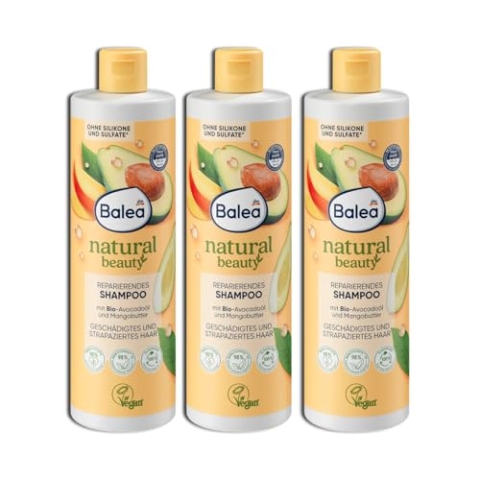 Balea 4er Set: Shampoo Natural Beauty mit Bio-Avocadoöl und Mangobutter, 3 x 400 ml + Topfpflanze künstlich