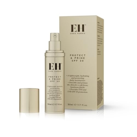 Emma Hardie Protect & Prime 50 ml, Feuchtigkeitsspendende Sonnenschutzcreme (LSF 30) mit Hyaluronsäure, Schützt die Haut vor Schädigender UVA- und UVB-Strahlung, Vegan und Tierversuchsfrei