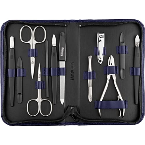 marQus Solingen Mega Maniküre Pediküre Set 12 Teile - Nageletui für Herren und Damen mit allem was man für die Nagelpflege braucht, in hochwertigem Echt-Leder Etui, Dunkelblau