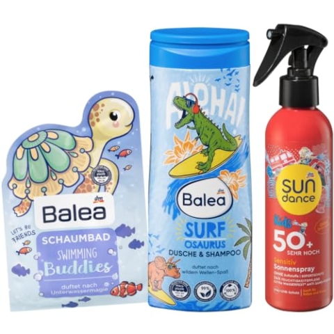 Balea x Sundance 3er-Set Hautpflege für Kinder: SURFOSAURUS 2in1 Duschgel & Shampoo milde Reinigung (300 ml) + Schaumbad SWIMMING BUDDIES (40 ml) + SONNENSPRAY KIDS Sensitiv LSF 50+ (200 ml), 540 ml