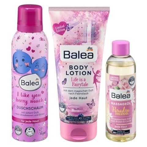 Balea 3er-Set Hautpflege: Duschschaum I LIKE YOU BERRY MUCH duftet nach Blaubeere (200 ml) + Bodylotion LIFE IS A FAIRYTALE (200 ml) + Massageöl PARADISE DREAMING mit exotischem Duft (100 ml), 500 ml
