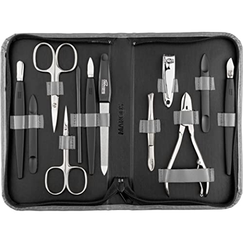 marQus Solingen Mega Maniküre Pediküre Set 12 Teile - Nageletui für Herren und Damen mit allem was man für die Nagelpflege braucht, in hochwertigem Echt-Leder Etui, Grau