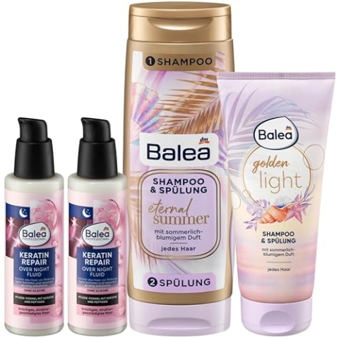 Balea 4er-Set Haarpflege: Professional KERATIN REPAIR Over Night Fluid schützt beim Schlafen (2 x 100 ml) + Shampoo & Spülung ETERNAL SUMMER (300 ml) + Shampoo & Spülung GOLDEN LIGHT (200 ml), 700 ml